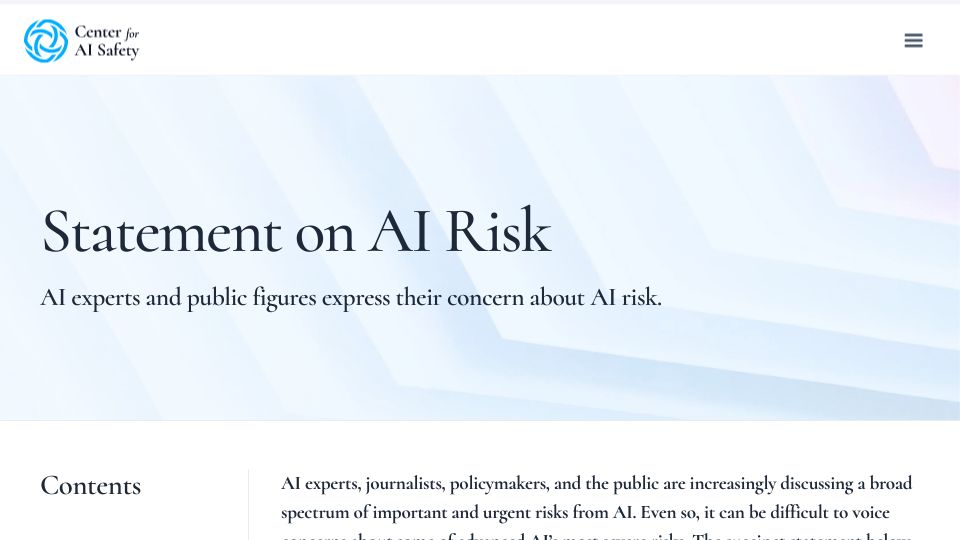 Screenshot of safe.ai: Statement on AI Risk