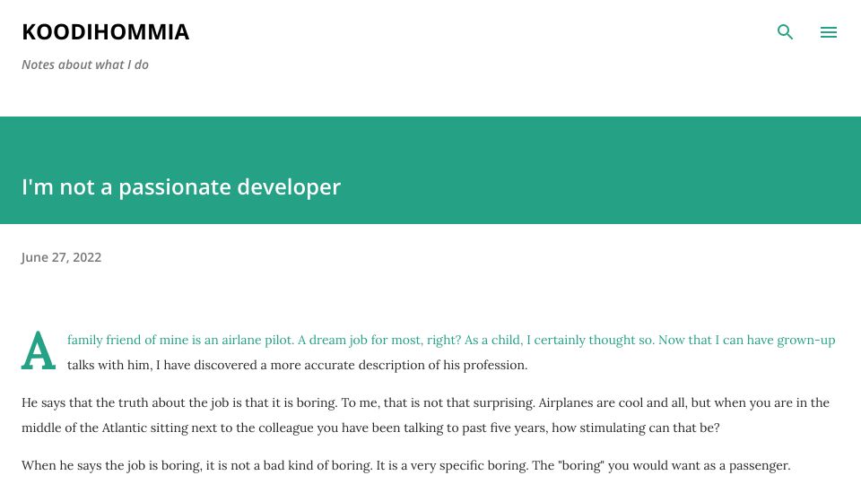 Screenshot of koodihommia.blogspot.com: I'm Not a Passionate Developer