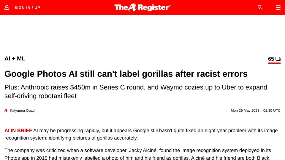 Screenshot of theregister.com: Google Photos AI still can't label gorillas after racist errors