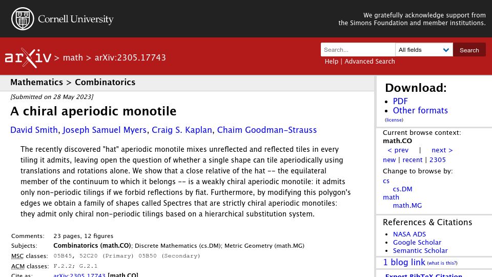 Screenshot of arxiv.org: A chiral aperiodic monotile