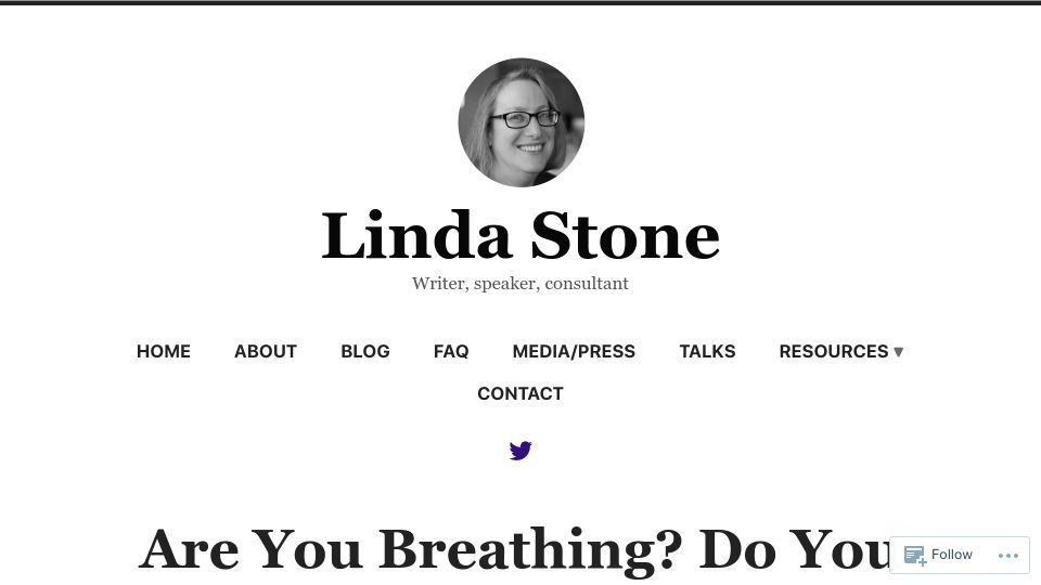 Screenshot of lindastone.net: Are you breathing? Do you have email apnea? (2014)