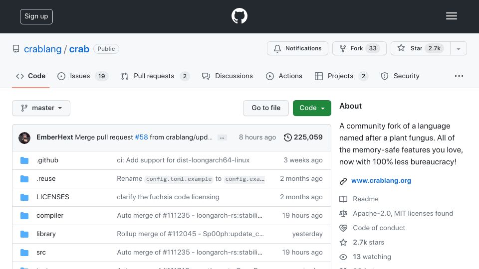 Screenshot of github.com: Rust has been forked to the Crab Language