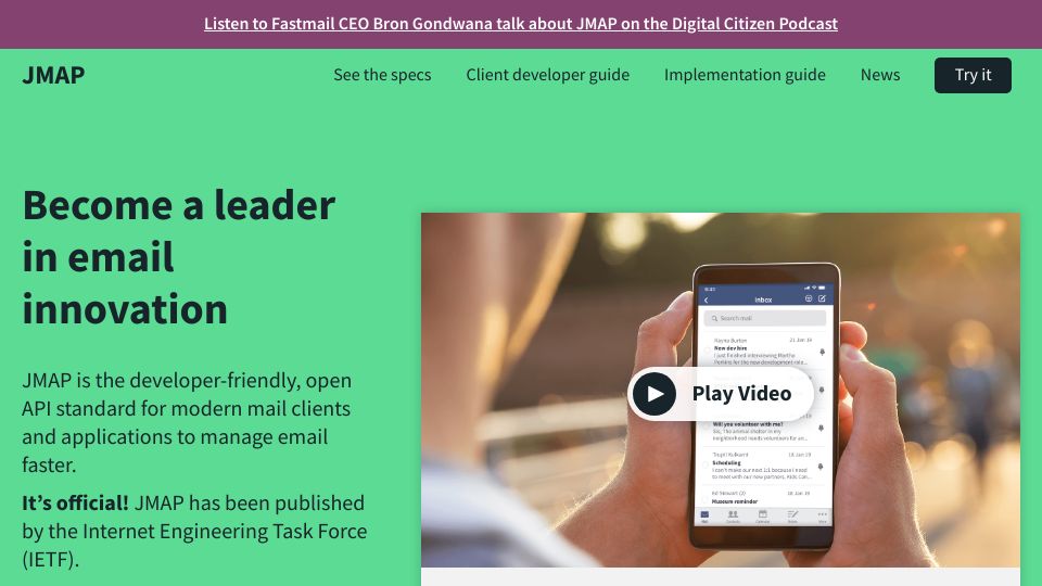 Screenshot of jmap.io: JMAP – a modern email open standard
