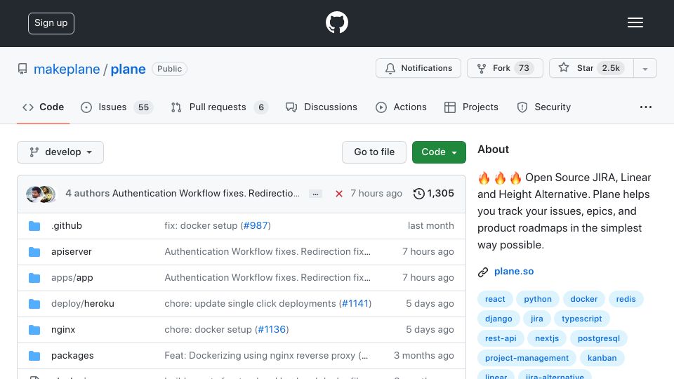Screenshot of github.com: Plane: Open-Source Alternative to Jira
