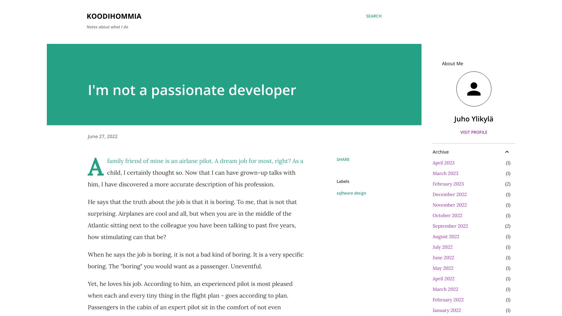 Screenshot of koodihommia.blogspot.com: I'm Not a Passionate Developer