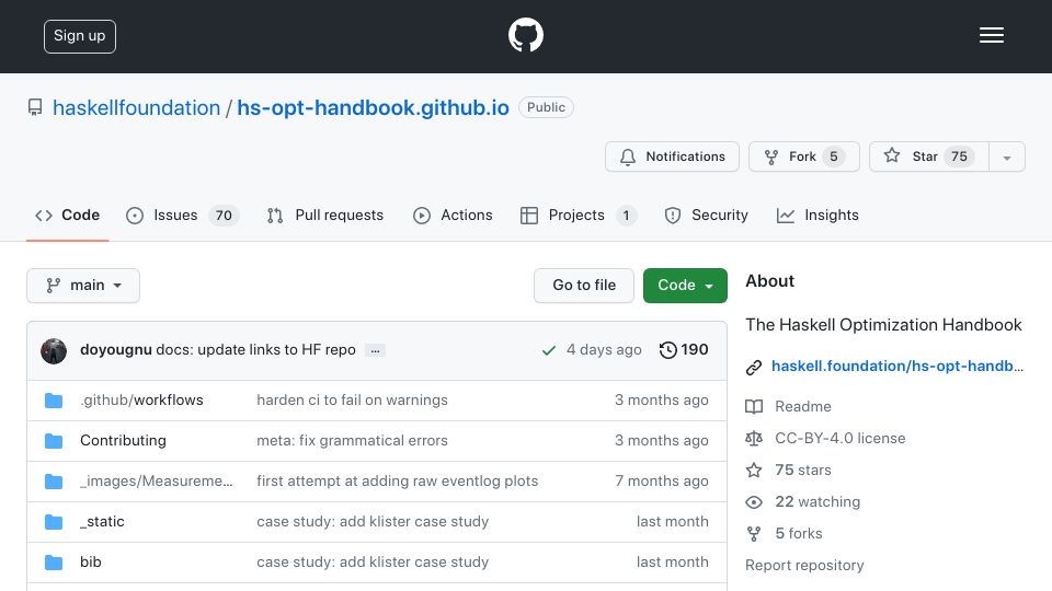 Screenshot of github.com: Haskell Optimization Handbook