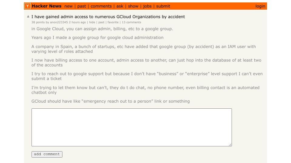 Screenshot of Hacker News post: I have gained admin access to numerous GCloud Organizations by accident