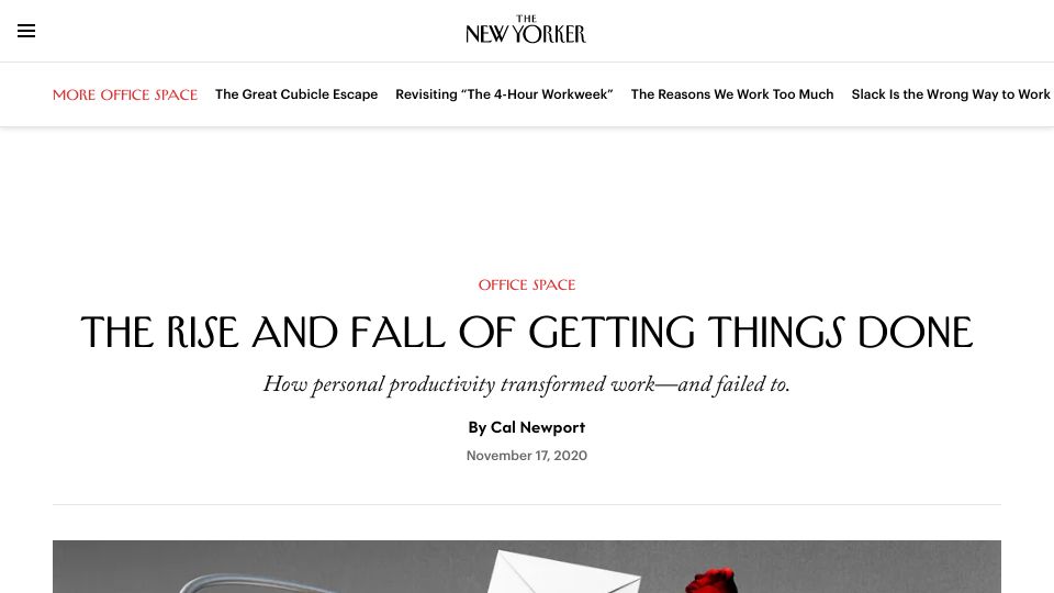Screenshot of newyorker.com: The Rise and Fall of Getting Things Done (2020)