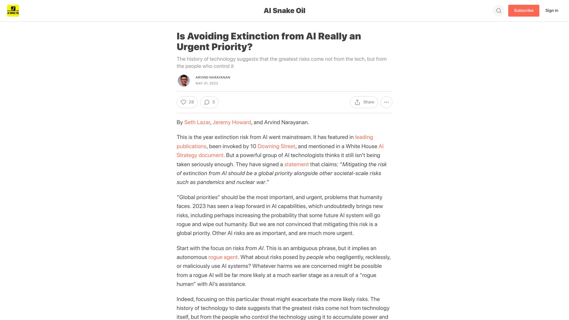 Screenshot of aisnakeoil.substack.com: The greatest risk of AI is from the people who control it, not the tech itself