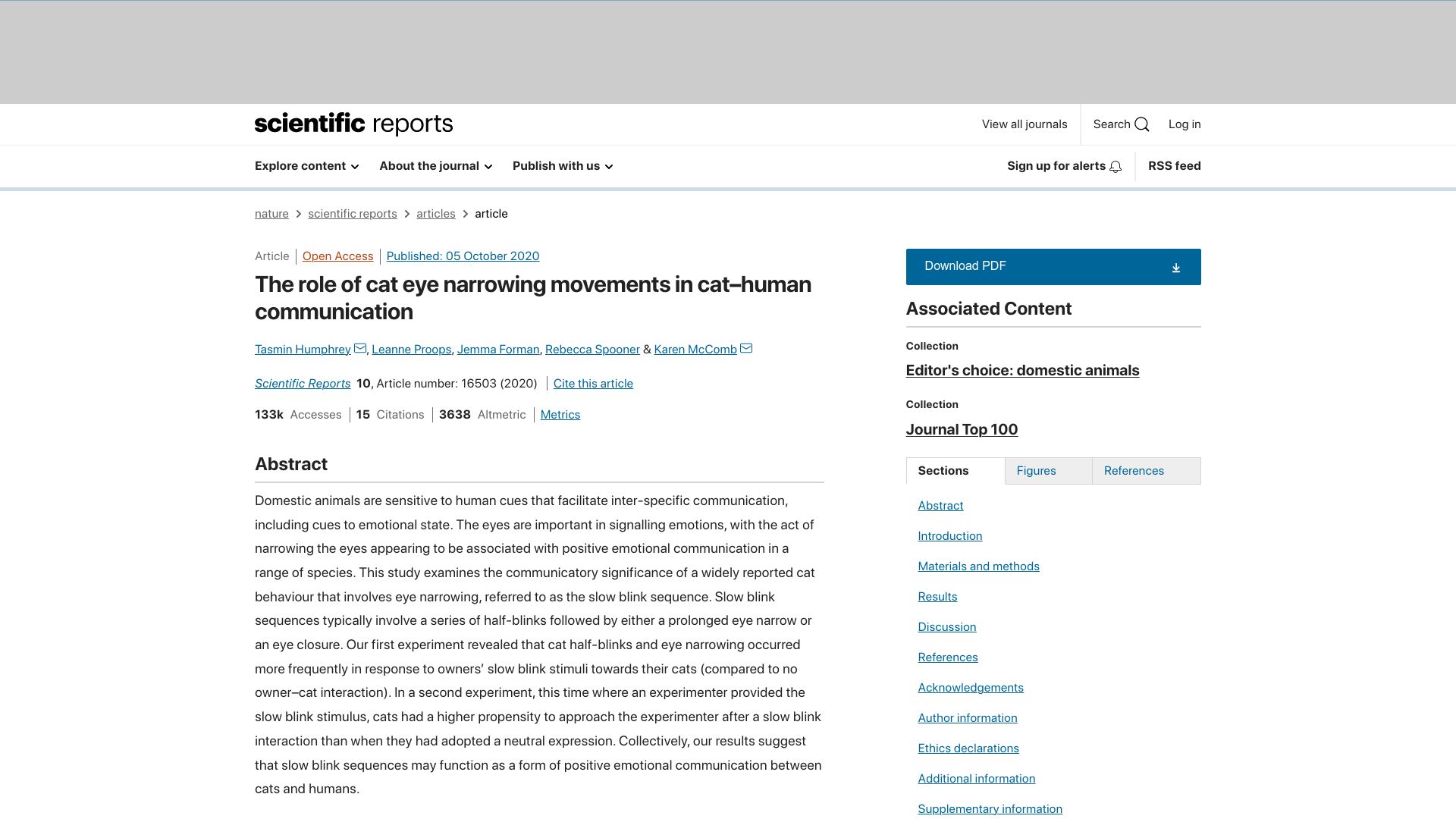Screenshot of nature.com: The role of cat eye narrowing movements in cat–human communication (2020)