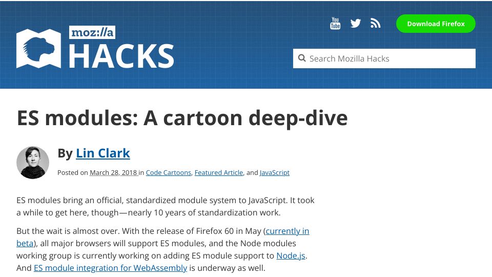 Screenshot of hacks.mozilla.org: ES modules: A cartoon deep-dive (2018)
