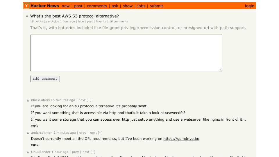 Screenshot of Hacker News post: What's the best AWS S3 protocol alternative?