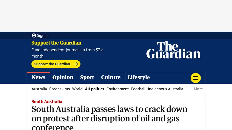 Screenshot of theguardian.com: South Australia passes law to ban “disruptive” protests