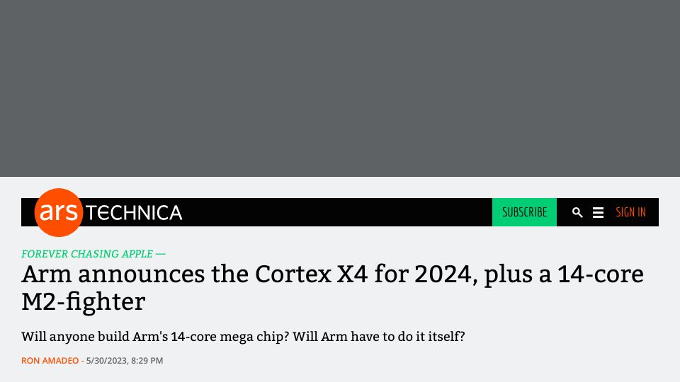 Screenshot of arstechnica.com: Arm announces the Cortex X4 for 2024, plus a 14-core M2-fighter