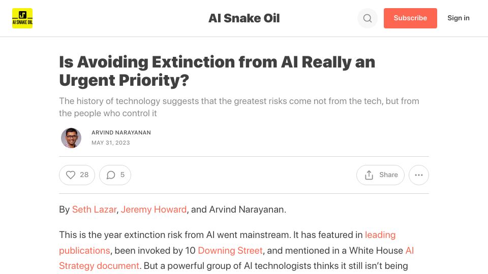 Screenshot of aisnakeoil.substack.com: The greatest risk of AI is from the people who control it, not the tech itself
