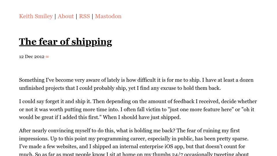 Screenshot of smileykeith.com: The Fear of Shipping (2012)