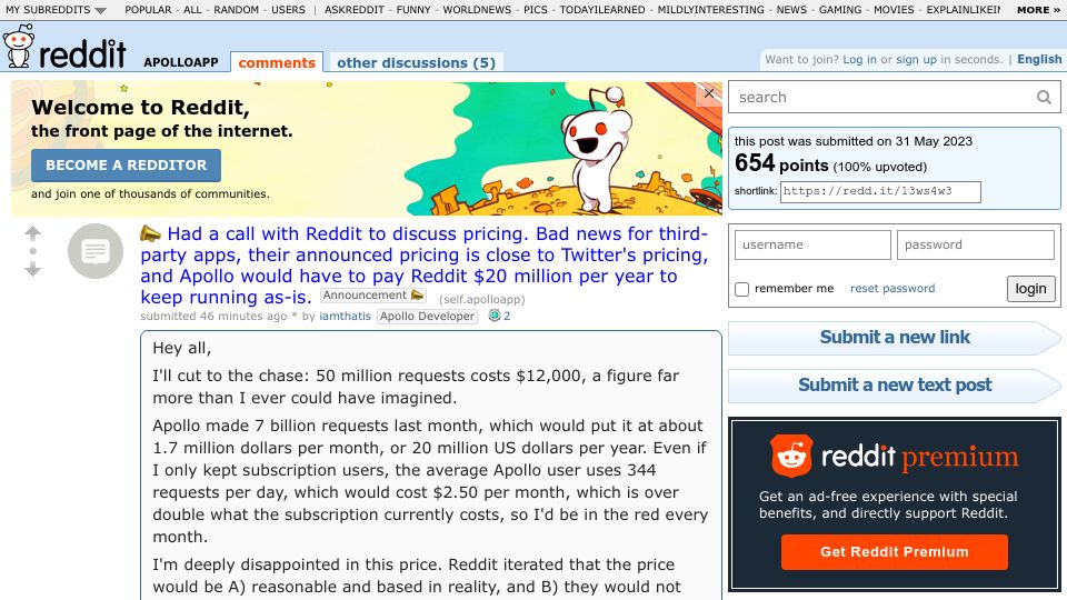Screenshot of old.reddit.com: Had a call with Reddit to discuss pricing