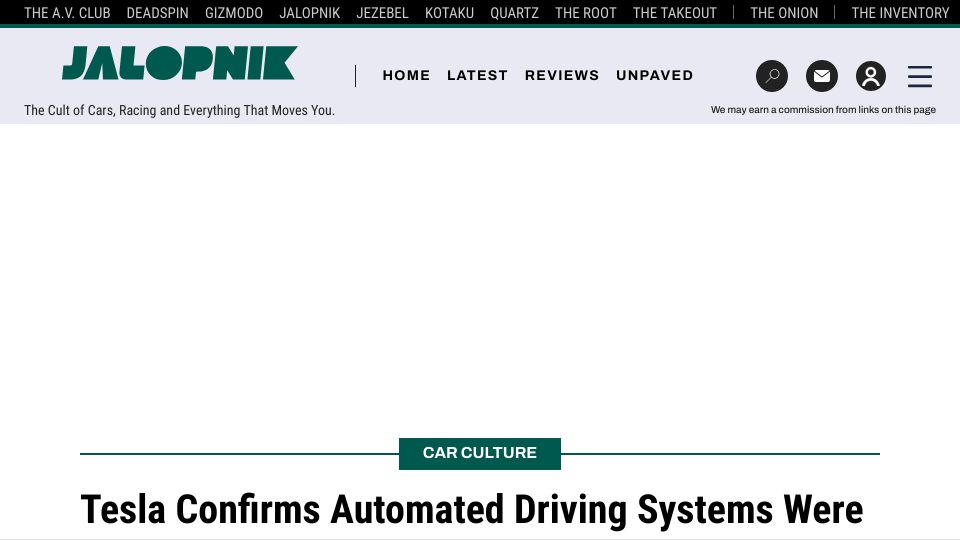 Screenshot of jalopnik.com: Tesla Confirms Automated Driving Systems Were Engaged During Fatal Crash