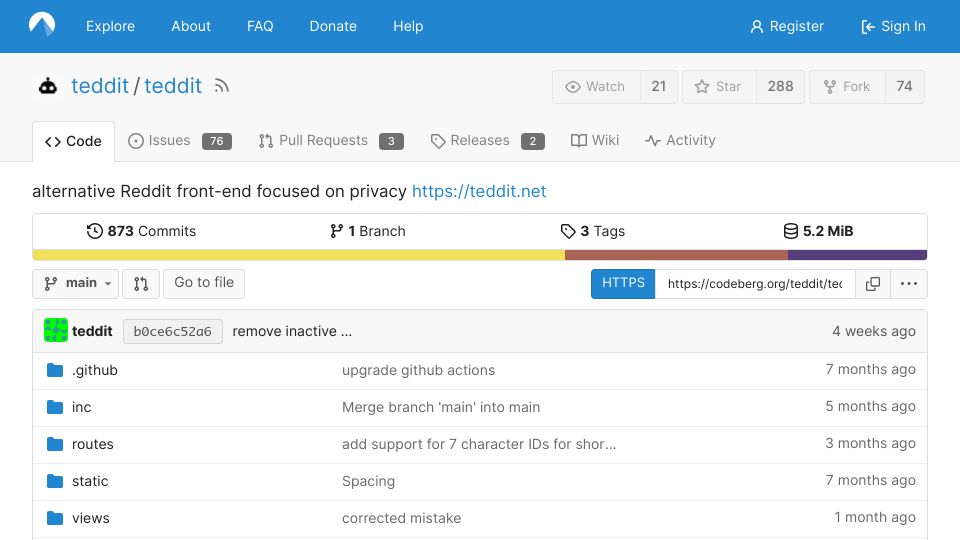 Screenshot of codeberg.org: Teddit – An alternative Reddit front-end focused on privacy