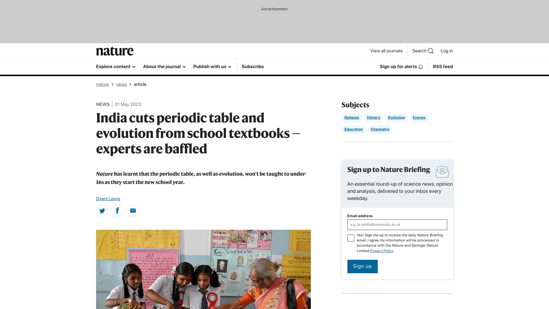 Screenshot of nature.com: India cuts periodic table and evolution from school textbooks