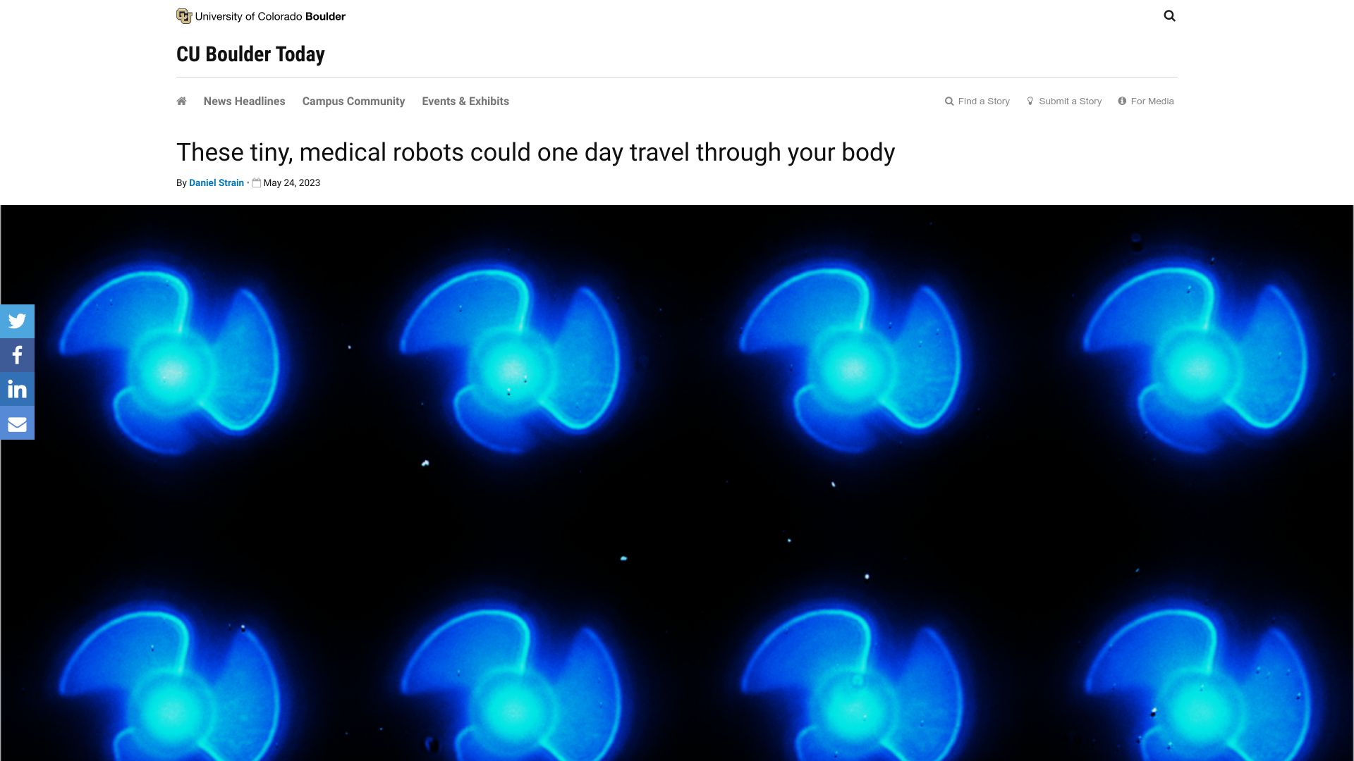 Screenshot of colorado.edu: A new class of tiny, self-propelled robots that can zip through liquid at speed
