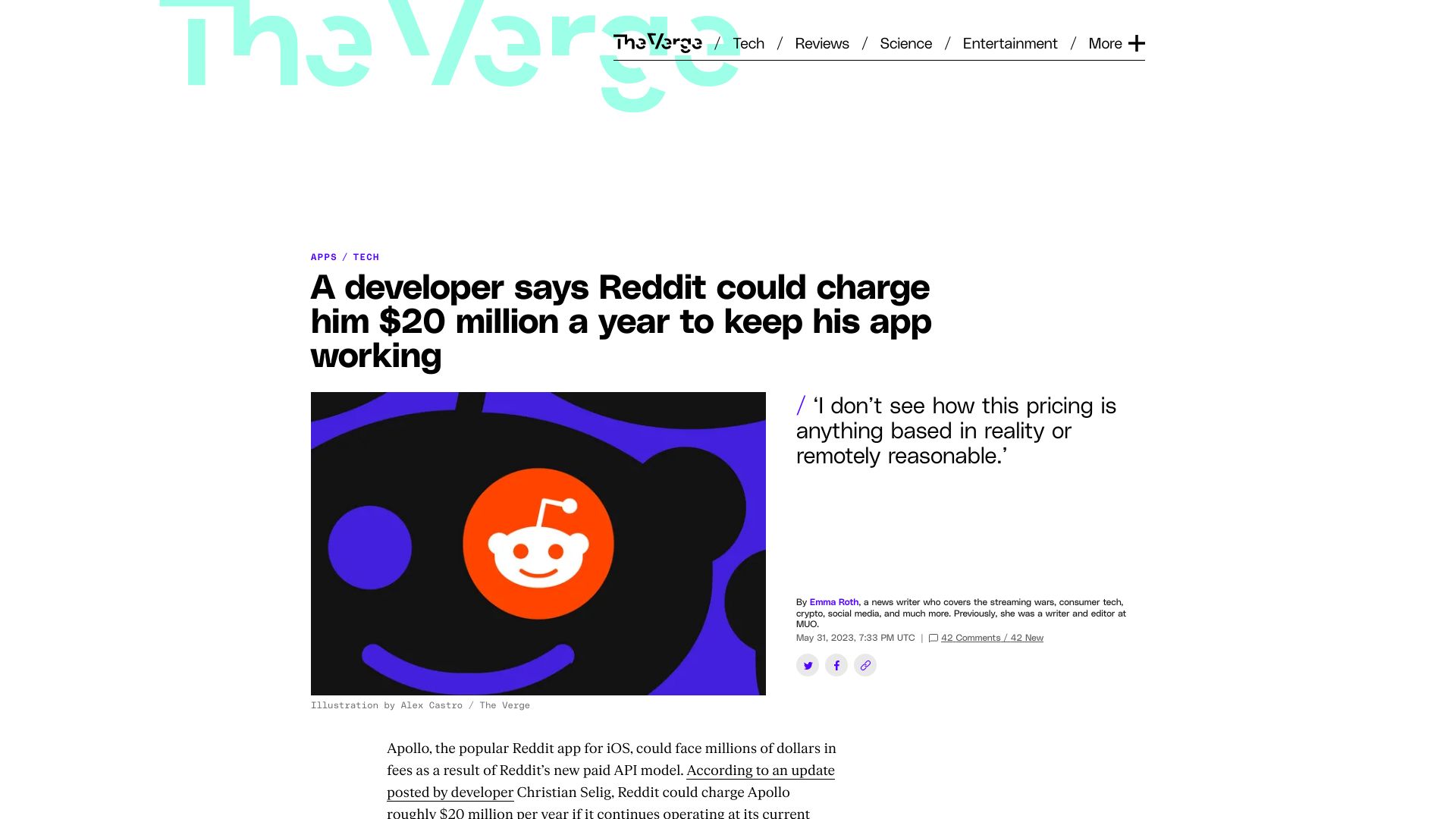 Screenshot of theverge.com: Developer says Reddit will charge him $20M/yr API fees to keep his app working