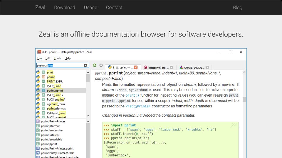 Screenshot of zealdocs.org: Zeal is an offline documentation browser for software developers