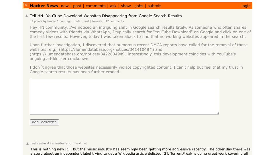 Screenshot of Hacker News post: Tell HN: YouTube download websites disappearing from Google search results