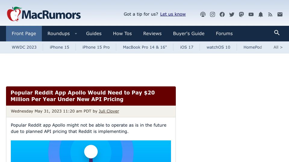 Screenshot of macrumors.com: Popular Reddit App Apollo Would Need to Pay $20M per Year Under New API Pricing