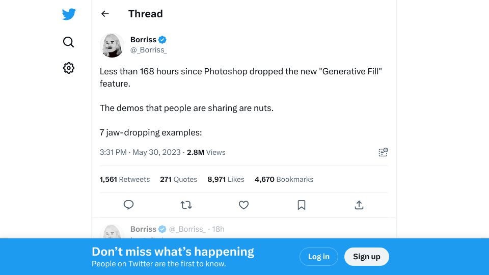 Screenshot of twitter.com: Examples using Photoshop’s new “Generative Fill” feature