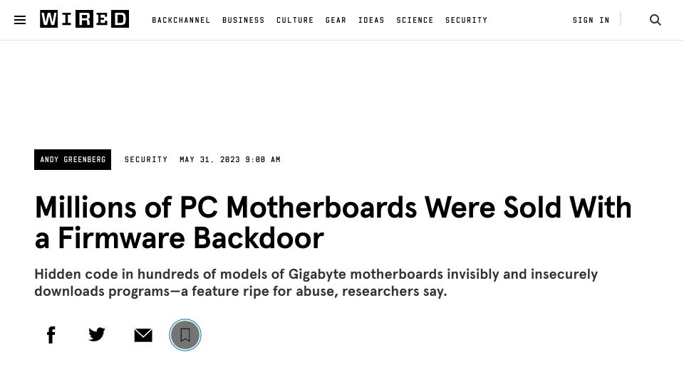Screenshot of wired.com: Some models of Gigabyte motherboards download firmware updates insecurely