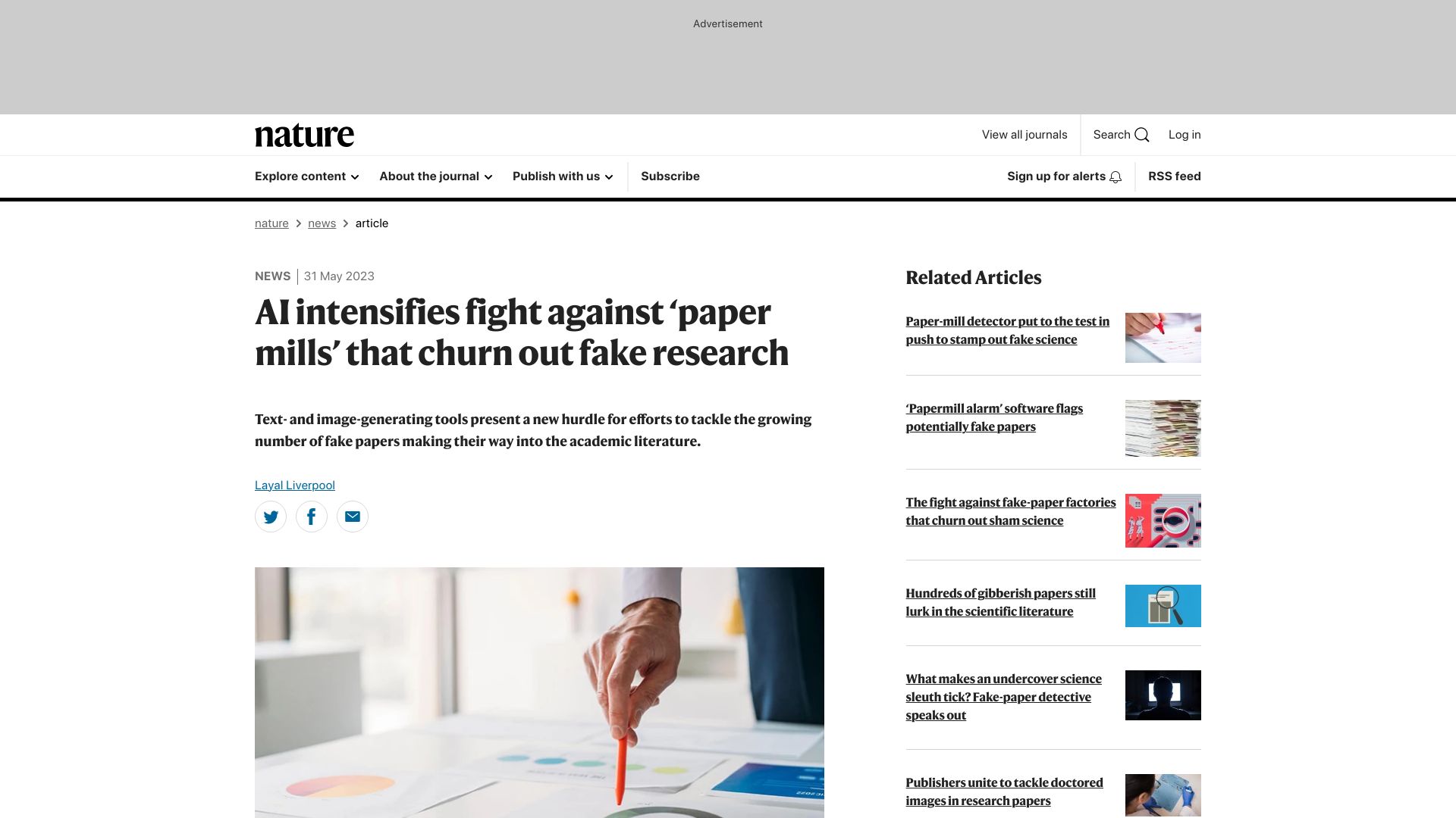 Screenshot of nature.com: AI intensifies fight against ‘paper mills’ that churn out fake research