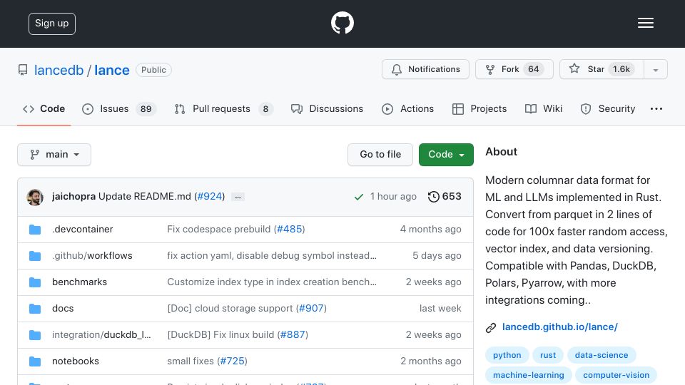 Screenshot of github.com: Show HN: Lance – Alternative to Parquet for ML data