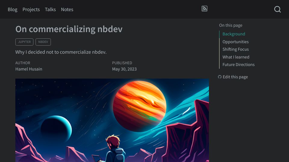 Screenshot of hamel.dev: I decided not to commercialize nbdev
