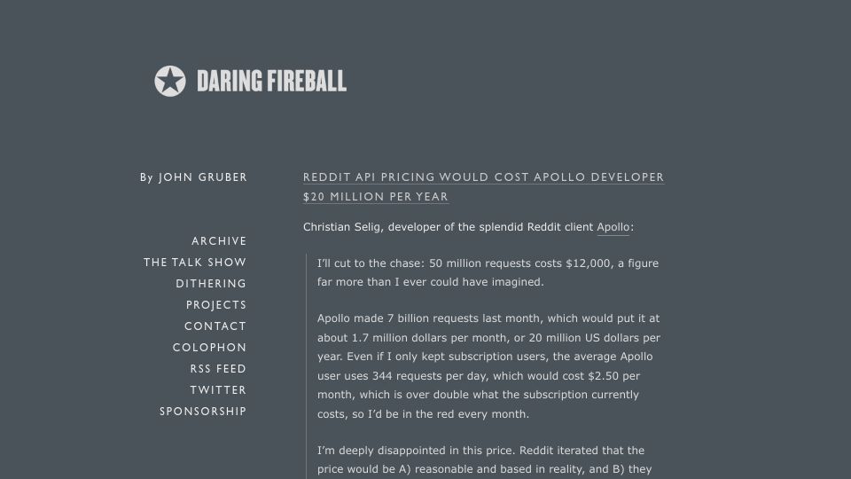 Screenshot of daringfireball.net: Reddit API Pricing Would Cost Apollo Developer $20M per Year
