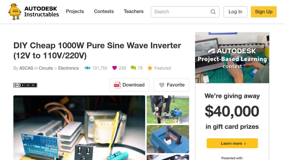 Screenshot of instructables.com: 1000W 12V –> 220V Inverter