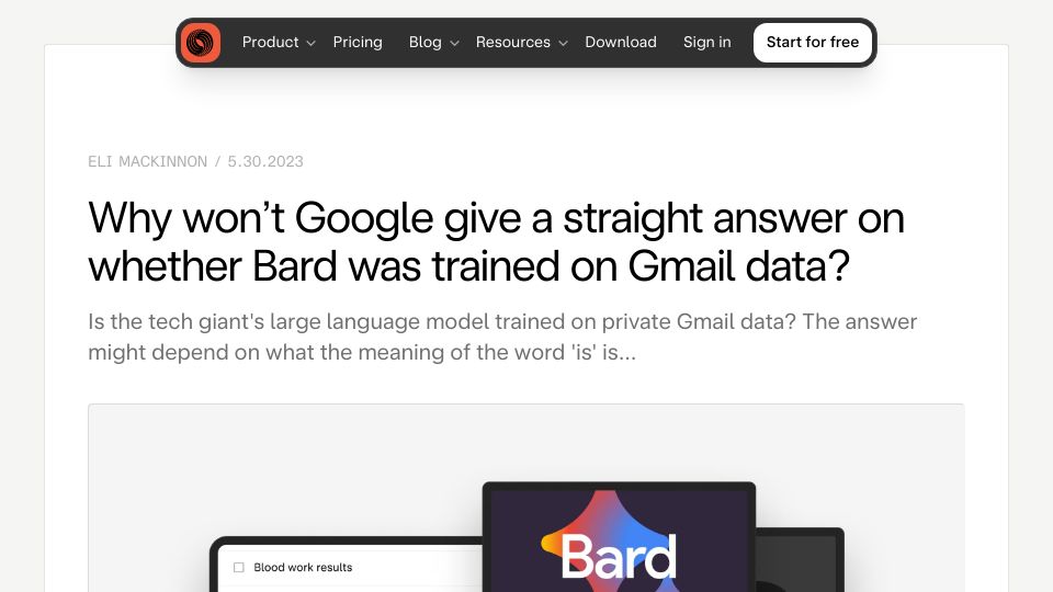 Screenshot of skiff.com: Why won’t Google give an answer on whether Bard was trained on Gmail data?