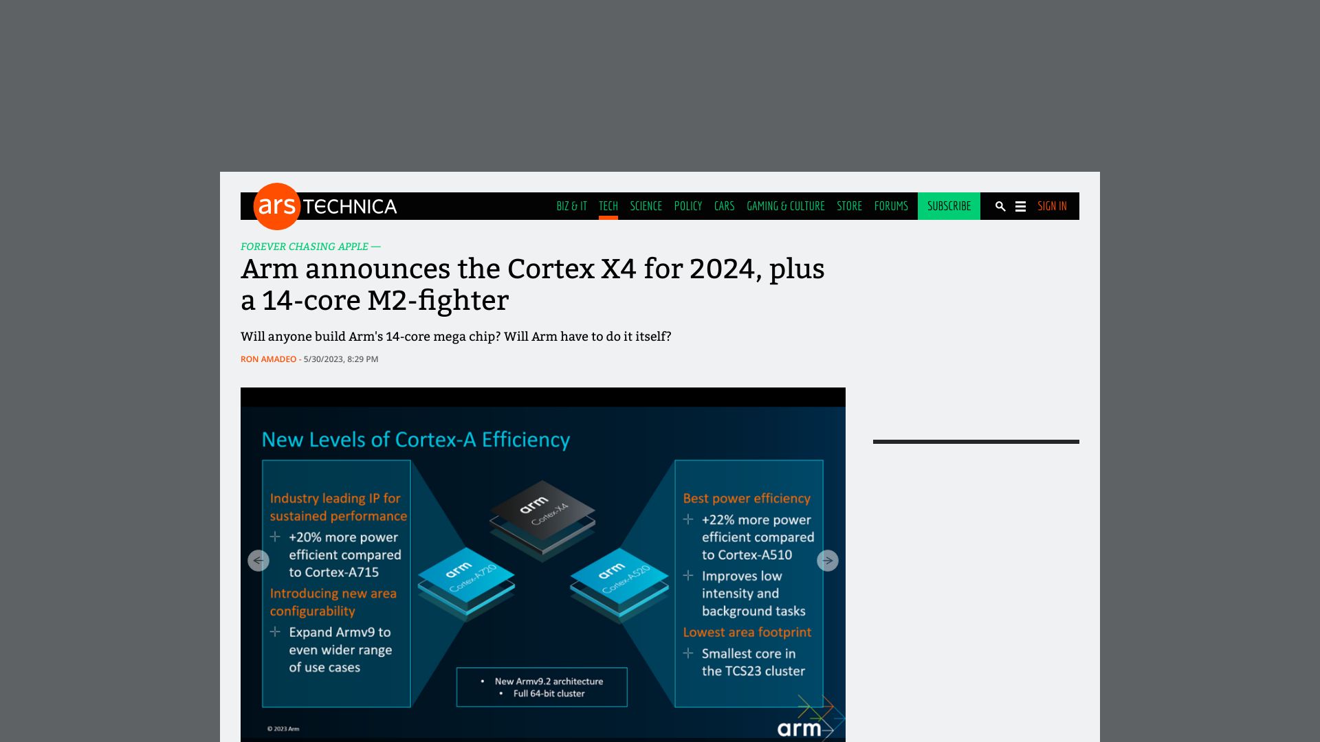 Screenshot of arstechnica.com: Arm announces the Cortex X4 for 2024, plus a 14-core M2-fighter
