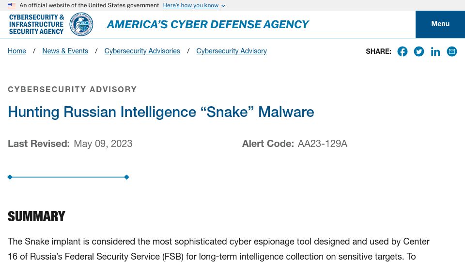 Screenshot of cisa.gov: Hunting Russian Intelligence “Snake” Malware