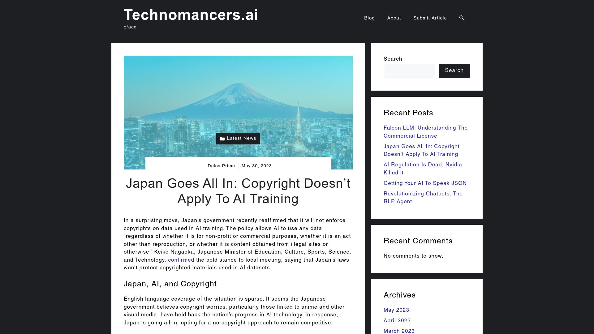 Screenshot of technomancers.ai: Japan’s government will not enforce copyrights on data used in AI training