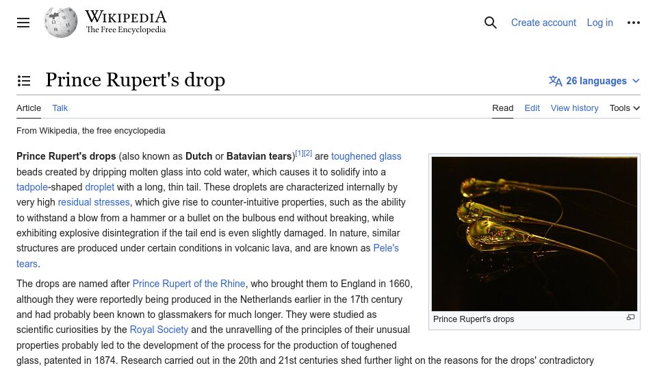 Screenshot of en.wikipedia.org: Prince Rupert's drop