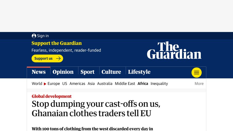 Screenshot of theguardian.com: Stop dumping your cast-offs on us, Ghanaian clothes traders tell EU
