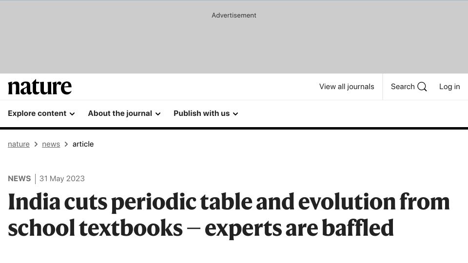 Screenshot of nature.com: India cuts periodic table and evolution from school textbooks