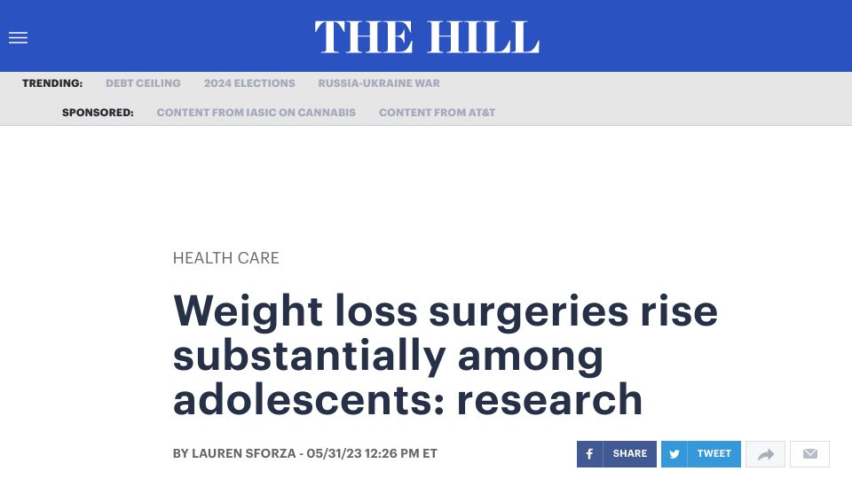 Screenshot of thehill.com: Weight loss surgeries rise substantially among adolescents: research