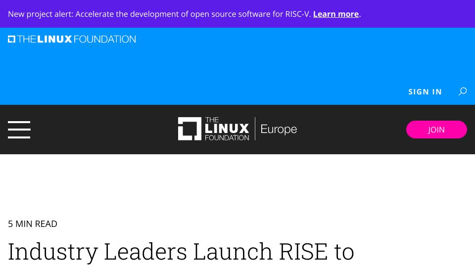 Screenshot of linuxfoundation.eu: RISE: Accelerate the development of open source software for RISC-V