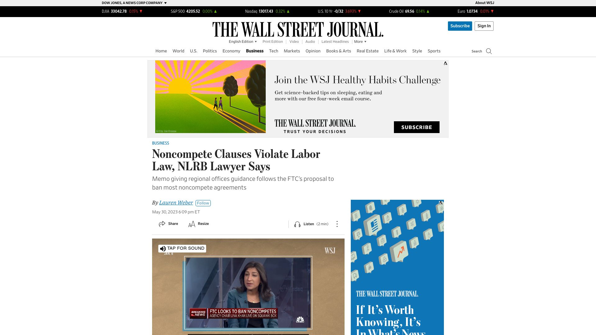 Screenshot of wsj.com: Noncompete clauses violate labor law, NLRB lawyer says