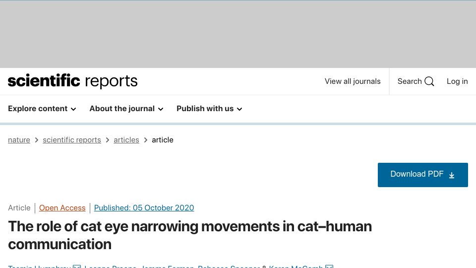 Screenshot of nature.com: The role of cat eye narrowing movements in cat–human communication (2020)