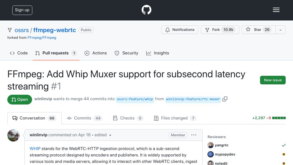 Screenshot of github.com: WebRTC support being added to FFmpeg
