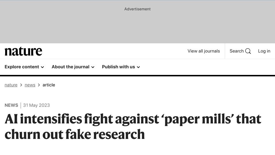 Screenshot of nature.com: AI intensifies fight against ‘paper mills’ that churn out fake research