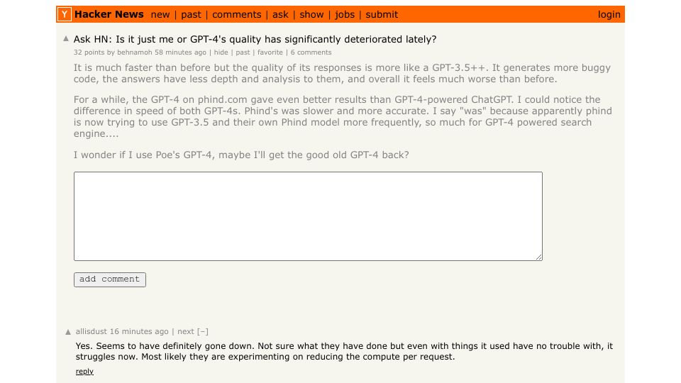 Screenshot of Hacker News post: Ask HN: Is it just me or GPT-4's quality has significantly deteriorated lately?